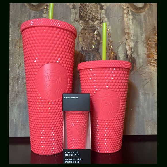 Starbucks Set of 3 Summer 2022 Venti, Grande & Keychain In DragonFruit Bling - Picture 3 of 6